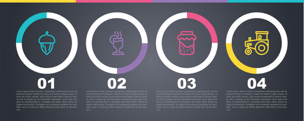 Set line Acorn, Mulled wine, Jam jar and Tractor. Business infographic template. Vector