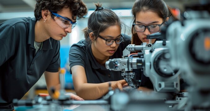 Group of focused students working together on a project in a technology lab