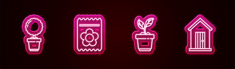 Set line Flower in pot, Pack full of seeds of plant, Plant and Farm house. Glowing neon icon. Vector