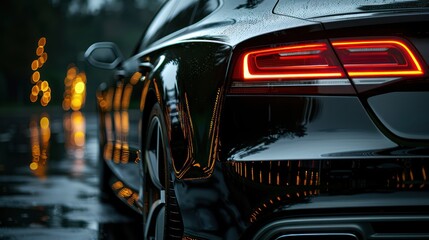 Luxurious dark sports car with illuminated taillights in rain.