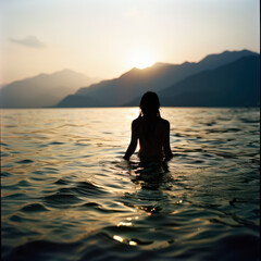 Fototapeta premium Silhouette Photography of an unrecognizable female standing in rippling sea water