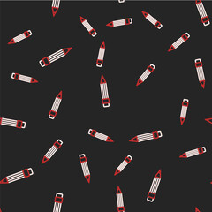 Line Pencil with eraser icon isolated seamless pattern on black background. Drawing and educational tools. School office symbol. Vector