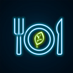 Glowing neon line Vegan food diet icon isolated on black background. Organic, bio, eco symbol. Vegan, no meat, lactose free, healthy, fresh and nonviolent food. Colorful outline concept. Vector