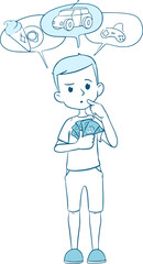 Little boy with money choosing purchase line illustration
