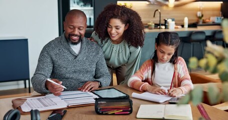 Black family, talking and books for working in home, mathematics and finance for homework. Daddy, daughter and studying for test or assignment, planning and mommy speaking on lesson for knowledge - Powered by Adobe