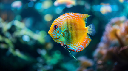 Obraz premium Close-up of a colorful discus fish in a lush aquarium setting, showcasing its intricate patterns and vibrant colors. Perfect for aquatic and wildlife visuals.