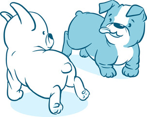 Funny pug-dogs playing and running around line illustration