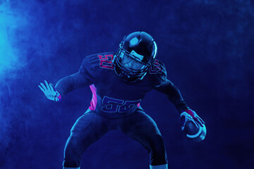 American football player banner on red neon background. Template for bookmaker ads with copy space. Mockup for betting advertisement. Sports betting, football betting, gambling, bookmaker, big win