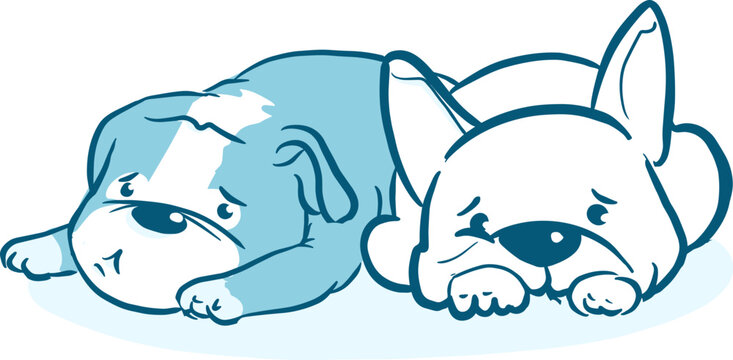 Tired pug-dogs lying together line color vector illustration