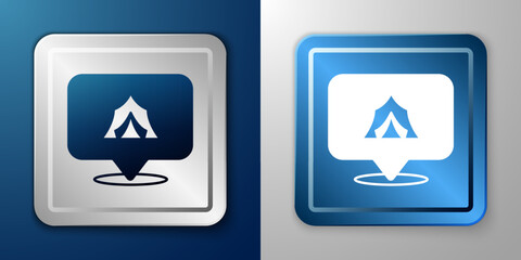 White Circus tent icon isolated on blue and grey background. Carnival camping tent. Amusement park. Silver and blue square button. Vector