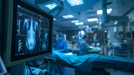 An X-ray image displayed on a screen in a modern surgical room, illustrating advanced medical technology used in patient care and diagnosis.
