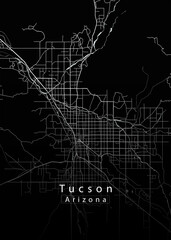 Minimalist black map of Tucson, Arizona – A modern map print highlighting infrastructure of the city, useful for tourism purposes
