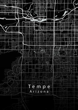 Minimalist black map of Tempe, Arizona &ndash; A modern map print highlighting infrastructure of the city, useful for tourism purposes
