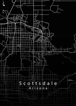 Minimalist black map of Scottsdale, Arizona &ndash; A modern map print highlighting infrastructure of the city, useful for tourism purposes
