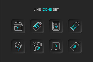 Set line Battery charge, Laptop, Hair dryer, Global planet with thunderbolt, Electrical panel, and Toolbox electrician icon. Vector