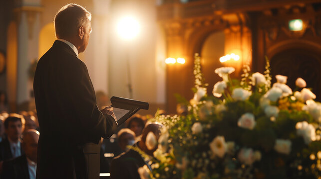 A man giving a farewell speech at a memorial service, with a focus on flowers and the gathered audience.