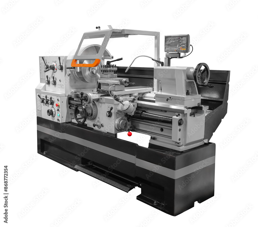 Poster metal machine tools industry. cnc lathe turning machine high-speed cutting is operation on white
