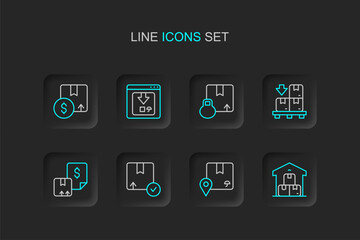 Set line Full warehouse, Location with cardboard box, Carton, Waybill, Cardboard boxes pallet, Online app delivery tracking and icon. Vector