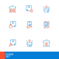 Set line Closed warehouse, Carton cardboard box, Search package, Waybill, Delivery hand with, Unboxing and icon. Vector