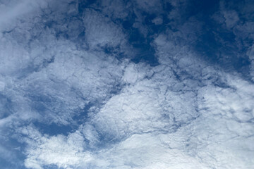 Obraz premium The sky is blue and filled with clouds. The clouds are scattered throughout the sky, with some closer to the ground and others higher up