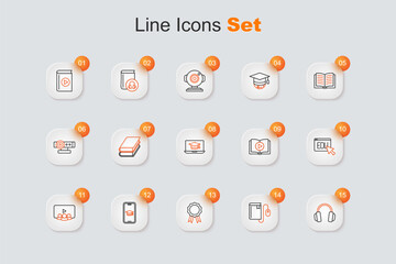 Set line Headphones, Electronic book with mouse, Online education diploma, Graduation cap mobile, class, Audio and laptop icon. Vector