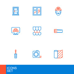 Set line Wallpaper, Roulette construction, Screwdriver, Hand saw, Worker safety helmet, Roof tile, Builder and Window in room icon. Vector
