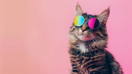 Cool tabby cat with round rainbow colors sunglasses on pink background.