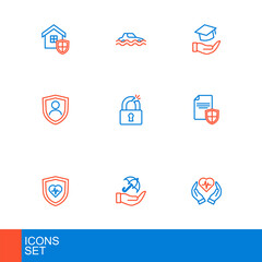 Set line Life insurance, Umbrella hand, with shield, Contract, Broken or cracked lock, Education grant and Flood car icon. Vector