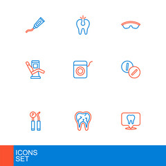 Set line Dental clinic location, Broken tooth, mirror and probe, Toothache painkiller tablet, Medical dental chair, floss, Safety goggle glasses and icon. Vector
