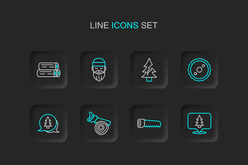 Naklejka premium Set line Location of the forest, Hand saw, log, Tree, Circular blade, Lumberjack and Wooden icon. Vector