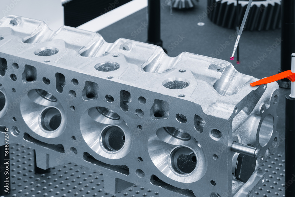 Poster the coordinate measuring cmm machine. repair motor block of cylinders, operator inspection dimension