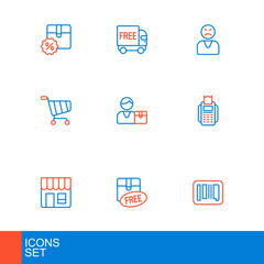 Set line Barcode, Cardboard box with free symbol, Market store, POS terminal, Shopping cart, Buyer, Angry customer and Free delivery service icon. Vector