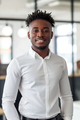 A young African American man in a white shirt smile confidently while standing in an office setting. The mood is professional and approachable, suitable for business or corporate themes. Copy space
