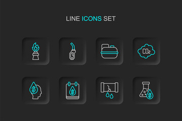 Set line Oil petrol test tube, Broken oil pipe with valve, drop dollar symbol, CO2 emissions in cloud, Canister for gasoline, Gasoline pump nozzle and rig fire icon. Vector