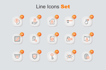 Set line Cancelled fingerprint, Eye scan, Old key, Shield with check mark, Security camera, Folder and lock, Cyber security and Contract shield icon. Vector