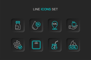 Naklejka premium Set line Kcal, Fresh smoothie, Bathroom scales, Intestines, Apple, Water balance and Vitamins icon. Vector