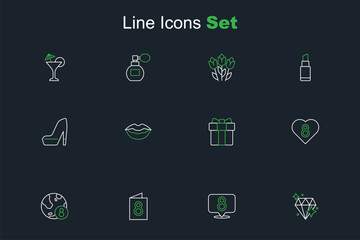 Set line Diamond, 8 March, Greeting card with, International Women Day, Heart, Gift box and heart, Smiling lips and Woman shoe icon. Vector