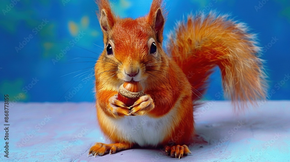 Canvas Prints   A close-up photo of a squirrel toy with bells attached to its neck against a blue backdrop