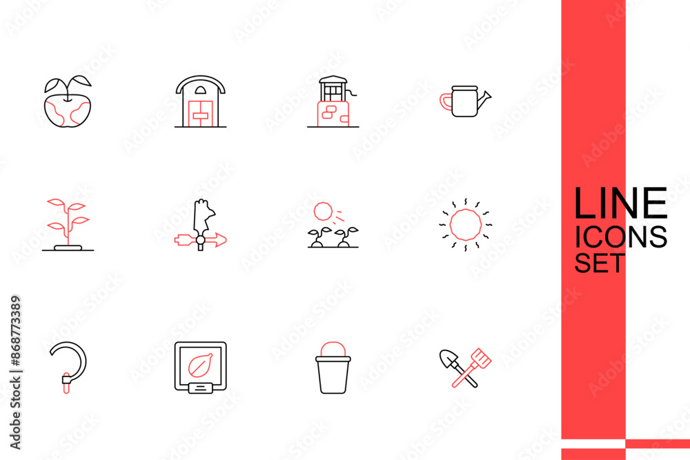 Sticker Set line Shovel and rake, Bucket, Seeds of specific plant, Sickle, Sun, Plant sprouts grow in the sun, Rooster weather vane and Sprout icon. Vector