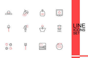 Set line Eco healthy food, Agriculture wheat field farm, Garden pitchfork, Colorado beetle, Water tower, Scarecrow, hose and Shovel icon. Vector