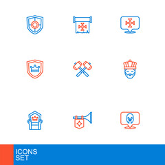 Set line Medieval helmet, Trumpet with flag, throne, King crown, Shield, Crossed battle hammers, Crusade and icon. Vector
