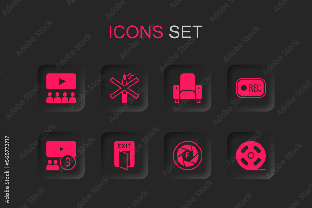 Poster Set Fire exit, No smoking, Cinema auditorium with screen, Camera shutter, Record button, Film reel, chair and icon. Vector