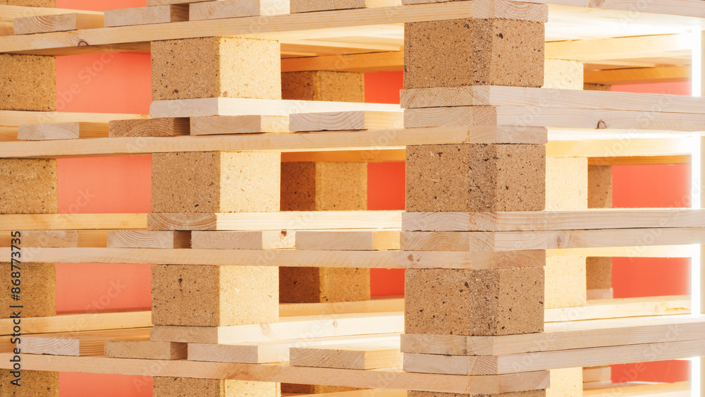 Aufkleber A stack of wooden pallets with a brick base. The pallets are stacked on top of each other, creating a sturdy base. Concept of strength and durability