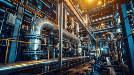 Fototapeta premium Industrial factory with intricate piping and machinery at night