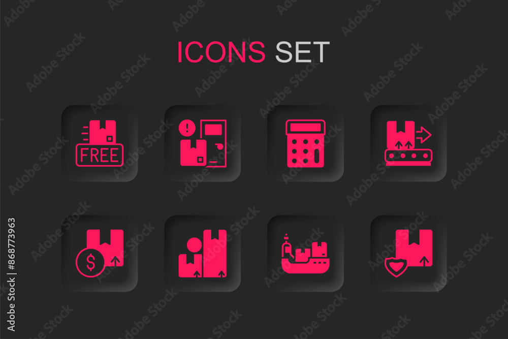 Poster Set Carton cardboard box, Home delivery services, Cardboard with free symbol, Cargo ship boxes, Conveyor belt, Delivery security shield, Calculator and icon. Vector