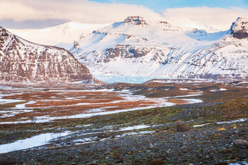 South Iceland Route 1 road snowy Winter during sunset.