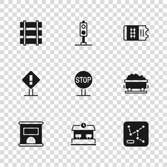 Set Railway station, Coal train wagon, map, Stop sign, Train ticket, Railway, railroad track, traffic light and Exclamation mark square icon. Vector