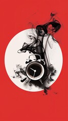 An advertising poster for coffee, featuring an alarm clock shape filled with black and hot steaming coffee in the middle