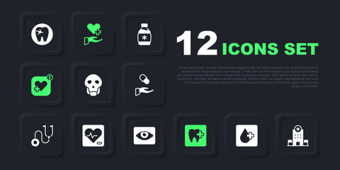 Set Blood test, Hospital building, Skull, Dental clinic location, Mobile with heart rate, Heart, cross and Red eye effect icon. Vector