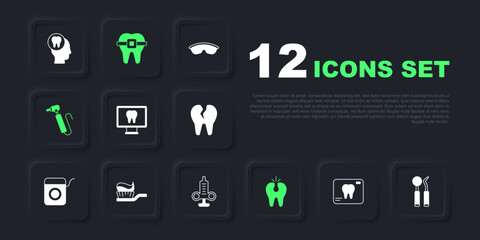 Set X-ray of tooth, Dental mirror and probe, Online dental care, Broken, Tooth drill, Toothbrush with toothpaste, Teeth braces and Syringe icon. Vector